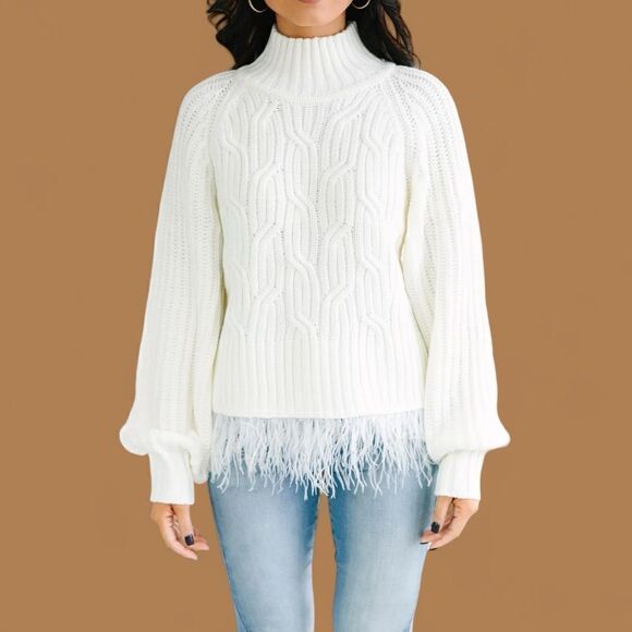 ENTRO What's Going On Cream White Feather Trim Sweater in the Size Medium - Picture 1 of 14